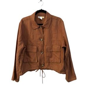 C & C California Womens Linen Blend Bomber Jacket Brown‎ Drawstring Size Large